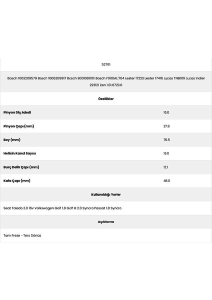 52761 Seat 10 Kanaltoledo 10 Diş 10062095 Marş Dişlisi fiyatları