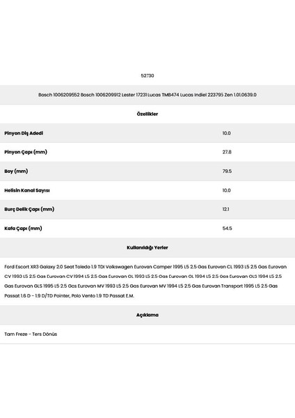 52730 Ford Galaxy 10 Kanal 10 Diş 10062095 Marş Dişlisi fiyatları