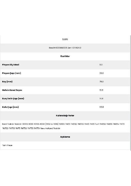52819 New Hollad 10 Kanal 9 Diş 6033AD03 Marş Dişlisi