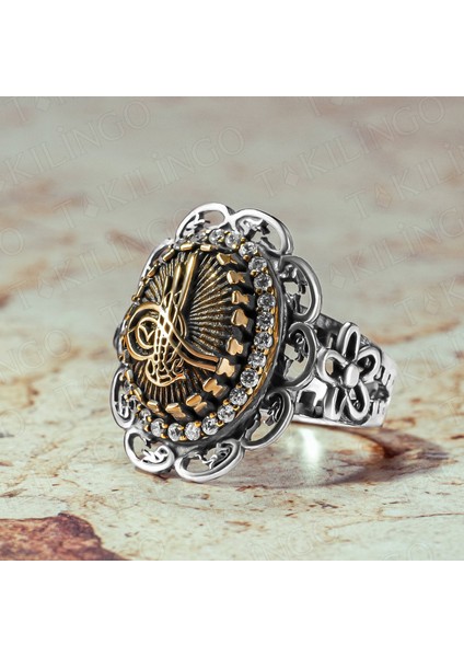 925 Ayar Gümüş Osmanlı Tuğra Motifli Zirkon Taşlı Eskitme Model Kadın Yüzük