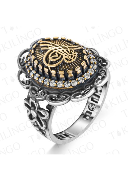 925 Ayar Gümüş Osmanlı Tuğra Motifli Zirkon Taşlı Eskitme Model Kadın Yüzük fiyatları