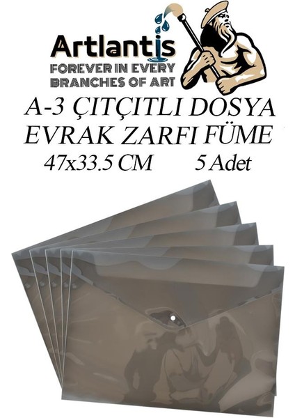 A3 Çıtçıtlı Dosya Füme 5 Adet A-3 Çıt Çıtlı Zarf Dosya Transparan 47X33.5 cm Büyük Boy Çıtçıtlı Dosya