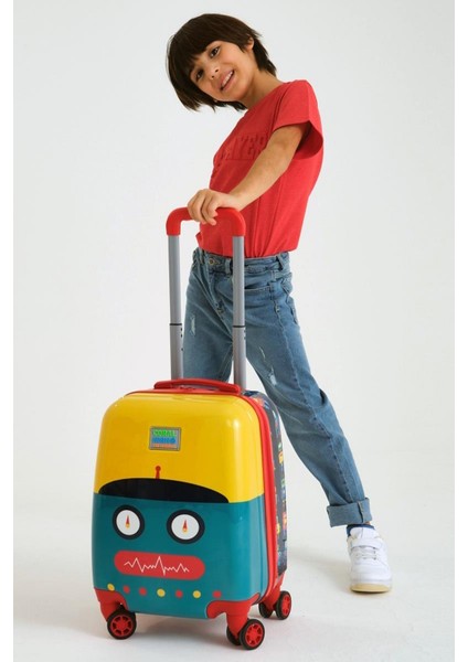 Policarbon Kırılmaz Çocuk Valizi Lacivert Çivit Robot Desenli