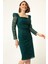 Kadın Zümrüt Yeşili Kare Yaka Simli Midi Abiye Elbise 4