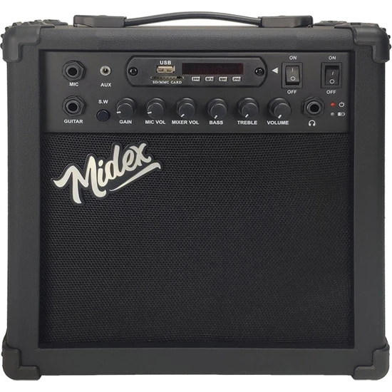 Midex MGA-25BK Şarjlı Elektro Gitar Amfisi 25 WATT Gain Bluetooth Usb Distortion