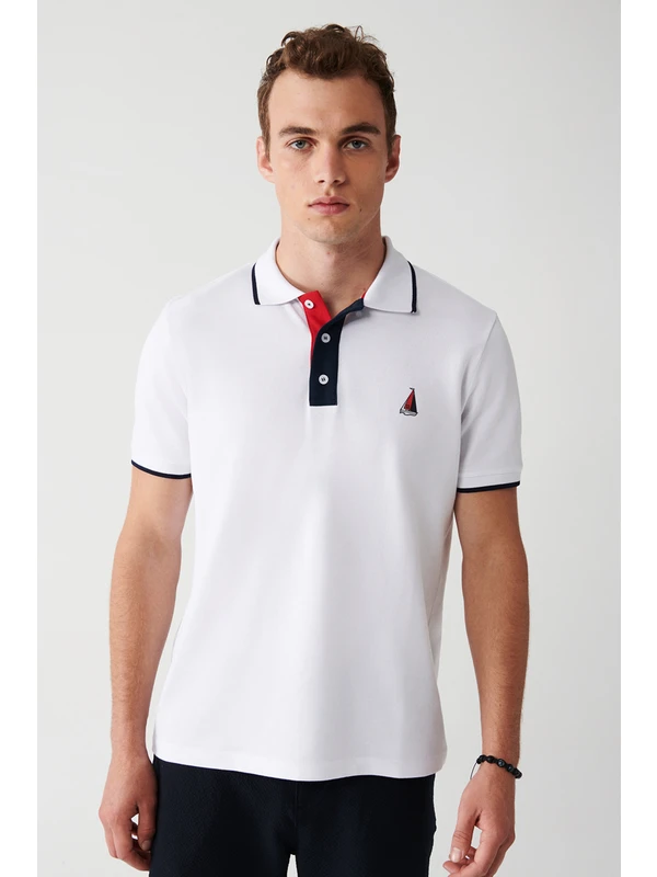 Avva Erkek Beyaz %100 Pamuk Marine Baskılı Standart Fit Normal Kesim Polo Yaka T-Shirt A31Y1188