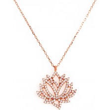Afrodit Silver Roze Rengi Zirkon Taşlı Lotus Çiçeği Gümüş Kolye