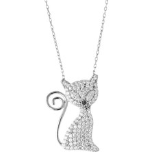 Afrodit Silver Zirkon Taşlı Oturan Kedi Tasarım Gümüş Kolye