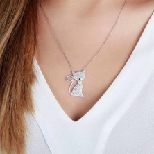 Afrodit Silver Zirkon Taşlı Oturan Kedi Tasarım Gümüş Kolye