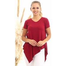 Miss Lusi 20060632 Viskon V Yaka Asimetrik Kısa Kol Bluz Bordo