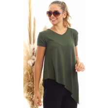 Miss Lusi 20060632 Viskon V Yaka Asimetrik Kısa Kol Bluz Hakı