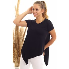 Miss Lusi 20060632 Viskon V Yaka Asimetrik Kısa Kol Bluz Siyah