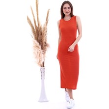 Miss Lusi 20060653 Kaşkorse Kolsuz Uzun Elbise Kıremıt