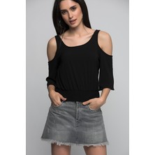 Miss Lusi 7232260 Kobe Omuzu Açık Beli Lastikli Kısa Kol Bluz Siyah