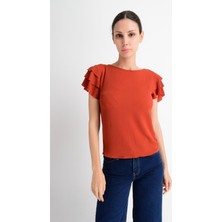 Miss Lusi 8052201 Kobe Fırfırlı Kısa Kol Bluz Kıremıt