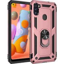 Tekno Grup Samsung Galaxy M11 / A11 Kılıf Çift Katmanlı Yüzüklü Manyetik Vega Kapak Rose + Tam Kaplayan 5D Cam Ekran Koruyucu