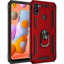 Tekno Grup Samsung Galaxy M11 / A11 Kılıf Çift Katmanlı Yüzüklü Manyetik Vega Kapak Kırmızı + Cam Ekran Koruyucu