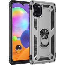 Case 4U Samsung Galaxy A31 Kılıf Çift Katmanlı Yüzüklü Manyetik Vega Kapak Gümüş