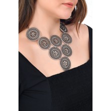 Labalaba Kadın Antik Gümüş Kaplama Dairesel Motif Kolye