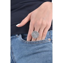 Labalaba Kadın Antik Gümüş Kaplama Madalyon Yüzük