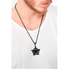 Labalaba Erkek Siyah Oksit Kaplama Kurukafa&Pentagram Simge Uçlu Kolye