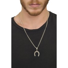 Labalaba Erkek Antik Gümüş Kaplama Kurukafa Figürlü Nal Kolye