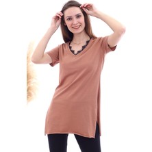 Miss Lusi 20061494 Süprem V Yaka Yakası Dantelli Kısa Kol Bluz Tarçın