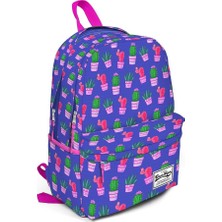 Coral High Üç Gözlü Mavi Pembe Saksıda Kaktüs Desenli Okul ve Günlük Sırt Çantası 15,6 Inc Laptop Bölmeli