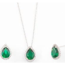 Afrodit Silver Damla Zümrüt Renkli Kolye Küpe Gümüş Set