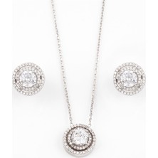 Afrodit Silver Yuvarlak Beyaz Taşlı  Gümüş Kolye Küpe Set