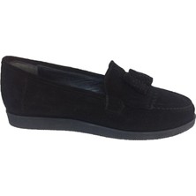 Elegan Siyah Süet Loafer Püsküllü Babet