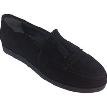 Elegan Siyah Süet Loafer Püsküllü Babet