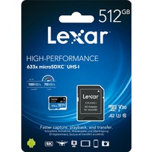 Lexar 633X 512GB 100MB-70MB/s microSDXC UHS-1 Class 10 A2 V30 U3 Hafıza Kartı (LSDMI512BB633A)