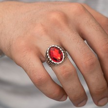Ervanur Gümüş Kaplama Kırmızı Oval Taşlı Erkek Yüzük