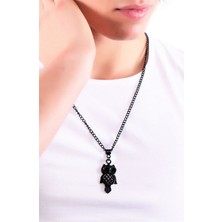 Labalaba Erkek Siyah Oksit  Kaplama Baykuş Simge Uçlu Kolye