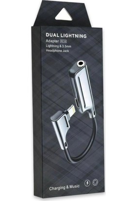 Dual Lightning 3,5 mm Kulaklık & Şarj Dönüştürücü Aparat Kısa Metal Kablo