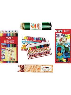 Fatih Okul Öğrenci Kırtasiye Boya Seti 12'li Sulu Pastel ve Kuru Boya 1 Adet Kırmızı Kalem