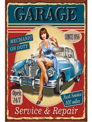 Hayat Poster Pin Up Kızı Otomobil Garajı Retro Vintage Ahşap Poster
