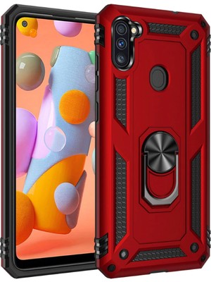 Tekno Grup Samsung Galaxy M11 / A11 Kılıf Çift Katmanlı Yüzüklü Manyetik Vega Kapak Kırmızı + Nano Ekran Koruyucu
