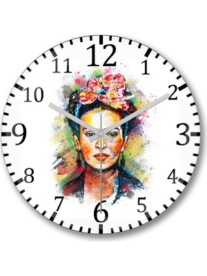 Baskı Dükkanı Frida Kahlo Renkli Çiçekli Duvar Saati Bombeli Gerçek Cam