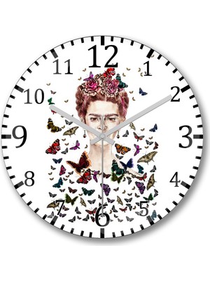 Baskı Dükkanı Frida Kahlo Kelebekler Duvar Saati Bombeli Gerçek Cam