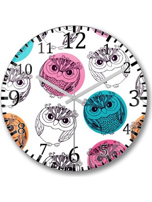 Baskı Dükkanı Renkli Baykuşlar Duvar Saati Bombeli Gerçek Cam