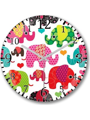 Baskı Dükkanı Renkli Filler Duvar Saati Bombeli Gerçek Cam