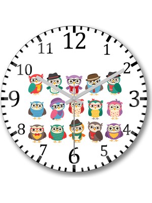Baskı Dükkanı Renkli Gözlüklü Baykuşlar Duvar Saati Bombeli Gerçek Cam