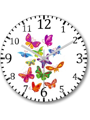 Baskı Dükkanı Renkli Kelebekler Duvar Saati Bombeli Gerçek Cam