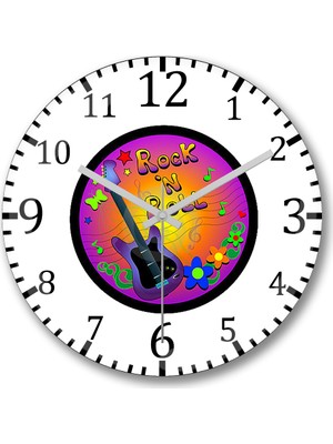 Baskı Dükkanı Rock'n Roll Renkli Duvar Saati Bombeli Gerçek Cam