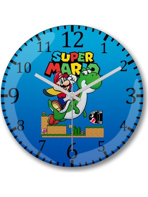 Baskı Dükkanı Süper Mario E Yoshi Duvar Saati Bombeli Gerçek Cam