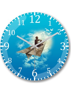 Baskı Dükkanı Surreal Dreams Paper Aeroplane Duvar Saati Bombeli Gerçek Cam
