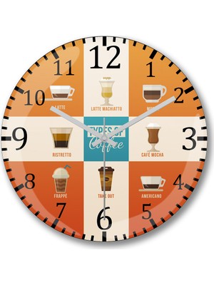 Baskı Dükkanı Types Of Coffee Duvar Saati Bombeli Gerçek Cam