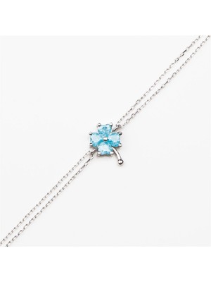 Afrodit Silver Akuamarin Taşlı Yonca Gümüş Kadın Bileklik